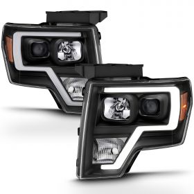 AmeriLite for 2009-2014 Ford F150 Truck LED Bar Square Projector Halogen Black Headlights Set High/Low Beam Bulb Included - Driver and Passenger Side