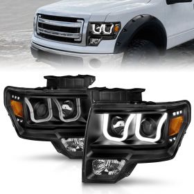 AmeriLite for Ford 2009-2014 F-150 U-Type LED Tube Black Replacement Projector Haolgen Headlights Front Lamp Set - Passenger and Driver Side