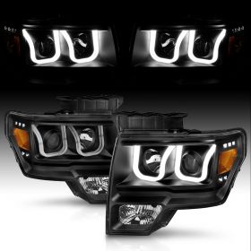 AmeriLite for Ford 2009-2014 F-150 U-Type LED Tube Black Replacement Projector Haolgen Headlights Front Lamp Set - Passenger and Driver Side