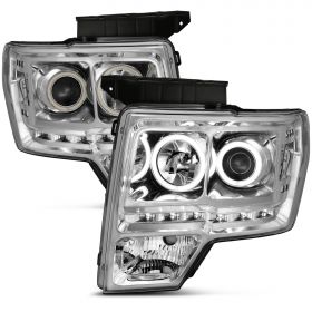 AmeriLite for 2009-2014 Ford F150 Pickup Xtreme LED Halos Chrome Projector Headlights Set + High/Low Beam Bulb - Passenger and Driver Side