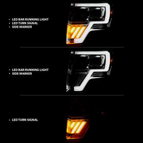 AmeriLite For 2009-2014 Ford F150 Truck LED Signal Tube Projector Chrome Halogen Headlights Assembly Set - Passenger and Driver Side