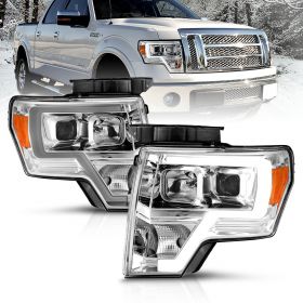 AmeriLite for 2009-2014 Ford F150 Truck LED Bar Square Projector Chrome Replacement Headlights Set w/Halogen Bulb Socket - Driver and Passenger Side