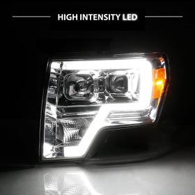 AmeriLite for 2009-2014 Ford F150 Truck LED Bar Square Projector Chrome Replacement Headlights Set w/Halogen Bulb Socket - Driver and Passenger Side
