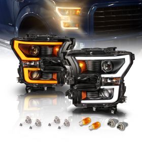 AmeriLite Switchback Intense LED Tube Dual Projector Black Headlights Pair For 2015 2016 2017 Ford F150 F-150