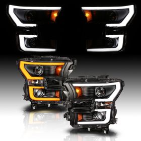AmeriLite Switchback Intense LED Tube Dual Projector Black Headlights Pair For 2015 2016 2017 Ford F150 F-150