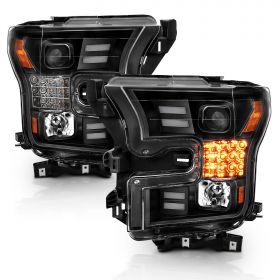 AmeriLite for 2015-2017 Ford F150 Replacment Headlights Black Quad Projector w/ Dual LED Tube Signal Assembly Set - Driver and Passenger Side