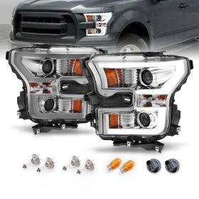 AmeriLite for 2015-2017 Ford F150 Truck LED Tube Dual Projector Beam Chrome Headlight Assembly Set - Driver and Passenger Side