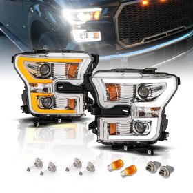 AmeriLite Chrome Dual Switchback LED Bar Projector Headlights Pair For 2015 2016 2017 Ford F150 F-150