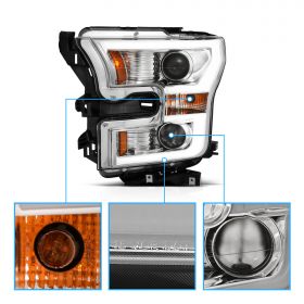 AmeriLite Chrome Dual Switchback LED Bar Projector Headlights Pair For 2015 2016 2017 Ford F150 F-150