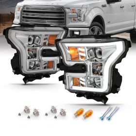 AmeriLite for 2015-2017 Ford F150 Truck Chrome LED Tube Dual Square Projector Replacement Headlights Assembly Pair - Driver and Passenger Side