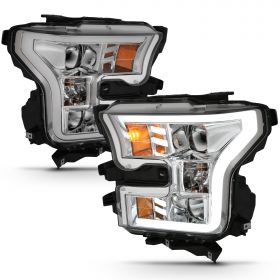 AmeriLite for 2015-2017 Ford F150 Truck Chrome LED Tube Dual Square Projector Replacement Headlights Assembly Pair - Driver and Passenger Side