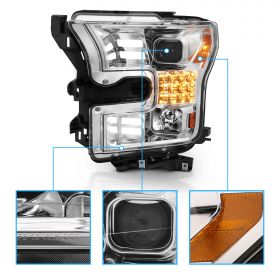 AmeriLite for 2015-2017 Ford F150 Replacment Headlights Chrome Quad Projector w/ Dual LED Tube Signal Assembly Set - Driver and Passenger Side