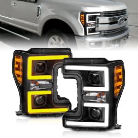 AmeriLite for 2017-2019 Ford F250 F350 F450 F550 XL XLT Super Duty Black Switchback LED Tube Dual Projectors Replacement Headlights Set - Passenger and Driver Side