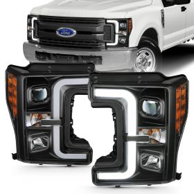 AmeriLite for 2017-2019 Ford Super Duty F250 F350 XL XLT Black Replacement Square Projector Headlights w/LED Bar Set - Passenger and Driver