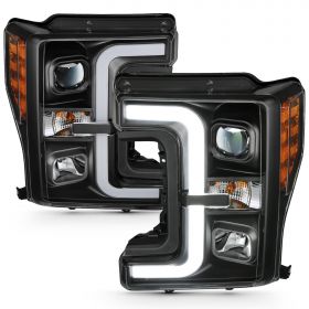 AmeriLite for 2017-2019 Ford Super Duty F250 F350 XL XLT Black Replacement Square Projector Headlights w/LED Bar Set - Passenger and Driver