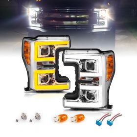 AmeriLite for 2017-2019 Ford F250 F350 F450 F550 XL XLT Super Duty Chrome Switchback LED Tube Dual Projectors Replacement Headlights Set - Passenger and Driver Side