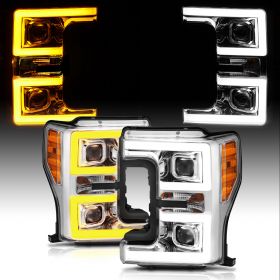 AmeriLite for 2017-2019 Ford F250 F350 F450 F550 XL XLT Super Duty Chrome Switchback LED Tube Dual Projectors Replacement Headlights Set - Passenger and Driver Side