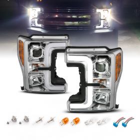 AmeriLite for 2017-2019 Ford Super Duty F250 F350 XL XLT Chrome Replacement Square Projector Headlights w/LED Bar Set - Passenger and Driver