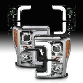 AmeriLite for 2017-2019 Ford Super Duty F250 F350 XL XLT Chrome Replacement Square Projector Headlights w/LED Bar Set - Passenger and Driver