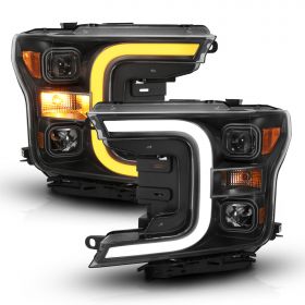 AmeriLite Switchback LED Tube for 2018-2020 Ford F150 Replacment Headlights Black Quad Projector Assembly Set - Driver and Passenger Side