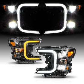 AmeriLite for 2018-2020 Ford F150 Halogen Type Chrome Square LED Projector Switchback Signal Light Tube Headlights Set - Driver and Passenge Side