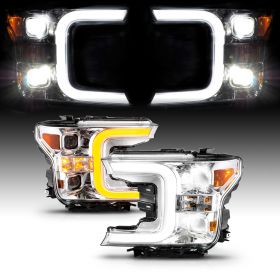AmeriLite for 2018-2020 Ford F150 Halogen Type Black Square LED Projector Switchback Signal Light Tube Headlights Set - Driver and Passenge Side