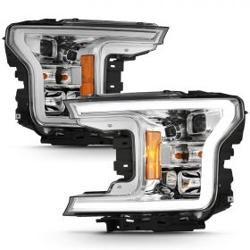 AmeriLite for 2018 2019 2020 Ford F150 Crystal Chrome Square Projector w/ LED Light Bar Replacment Headlights Assembly Set - Driver and Passenger
