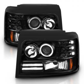 AmeriLite LED Halo Bar Black Projector Replacement Headlights Set For Ford F-150/F250/F350/Bronco - Passenger Right and Driver Left Side