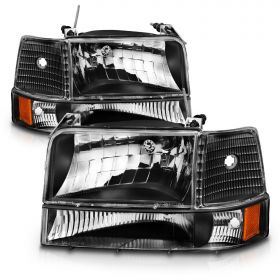 AmeriLite for 1992-1996 Ford F150 F250 F350 Bronco Truck Black Replacement Headlight Assembly w/ Bumper Corner Lamp Set - Driver and Passenger Side