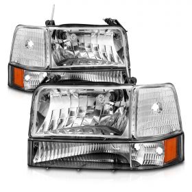 AmeriLite for 1992-1996 Ford F150 F250 F350 Bronco Truck Chrome Replacement Headlight Assembly w/ Bumper Corner Lamp Set - Driver and Passenger Side