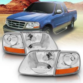 AmeriLite for 1997-2003 Ford F150 Harley Lightning Crystal Chrome Replacement Halogen Headlights with Corner Parking Set - Driver and Passenger