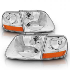 AmeriLite for 1997-2003 Ford F150 Harley Lightning Crystal Chrome Replacement Halogen Headlights with Corner Parking Set - Driver and Passenger