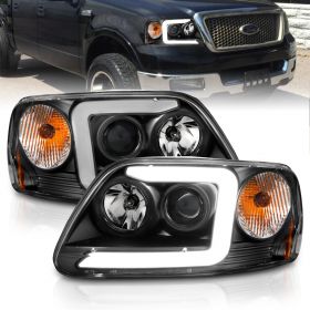 AmeriLite for 1997-2003 Ford F150 Expedition Pickup Truck Black C-Type LED Tube Projector Replacement Headlights Set - Driver and Passenger Side