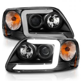 AmeriLite for 1997-2003 Ford F150 Expedition Pickup Truck Black C-Type LED Tube Projector Replacement Headlights Set - Driver and Passenger Side