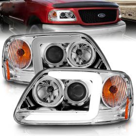 AmeriLite for 1997-2003 Ford F150 Expedition Pickup Truck Chrome C-Type LED Tube Projector Replacement Headlights Set - Driver and Passenger Side