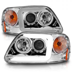 AmeriLite for 1997-2003 Ford F150 Expedition Pickup Truck Chrome C-Type LED Tube Projector Replacement Headlights Set - Driver and Passenger Side