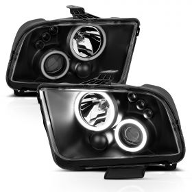 AmeriLite Black Dual Intense LED Halos Projector Replacement Headlights Pair For 2005-2009 Ford Mustang - Driver and Passenger Side