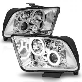 AmeriLite for 2005-2009 Ford Mustang Dual Xtreme LED Halos Chrome Projector Headlights Assembly Set - Driver and Passenger Side