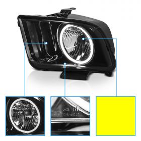 AmeriLite Smoke for 2005-2009 Ford Mustang Xtreme LED Halos Smoke Halogen Headlights Assembly Pair - Passenger and Driver Side