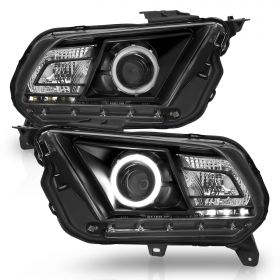 AmeriLite for 2010-2014 Ford Mustang Halogen Model Black Xtreme LED Halo Projector Replacement Headlights Pair - Passenger and Driver Side