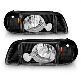 AmeriLite Black Replacement Headlights Corner Turn Signal Sets For 87-93 Ford Mustang - Passenger and Driver Side