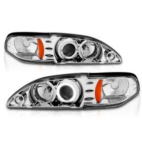 AmeriLite 1 Pc Projector Headlights Halo Chrome Amber For Ford Mustang - Passenger and Driver Side