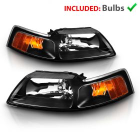 AmeriLite for 1999-2004 Ford Mustang New Edge Clear Black Replacement Headlights Assembly Pair - Passenger and Driver Side