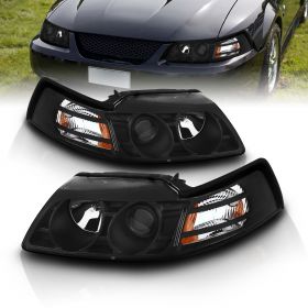 AmeriLite for 1999-2004 Ford Mustang New Edge Black Projector Replacement Headlights w/Amber Reflector - Passenger and Driver Side