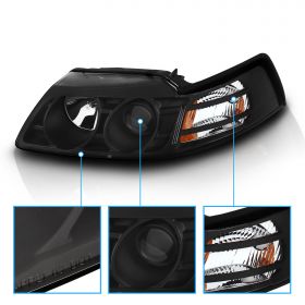AmeriLite for 1999-2004 Ford Mustang New Edge Black Projector Replacement Headlights w/Amber Reflector - Passenger and Driver Side