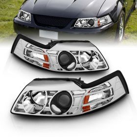 AmeriLite for 1999-2004 Ford Mustang New Edge Chrome Amber Reflector Projector Headlights Pair - Passenger and Driver Side