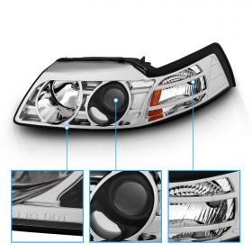 AmeriLite for 1999-2004 Ford Mustang New Edge Chrome Amber Reflector Projector Headlights Pair - Passenger and Driver Side