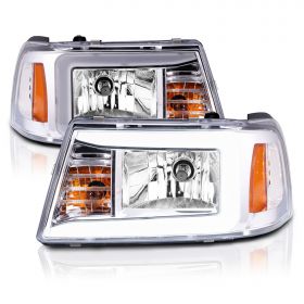AmeriLite for 2001-2011 Ford Ranger LED Tube Chrome Replacement Headlights w/ Corner Lamp Set - Passenger and Driver Side