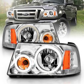 AmeriLite Chrome 1pc Replacement Headlights Corner Dual LED Halo Set For 01-11 Ford Ranger - Passenger and Driver Side