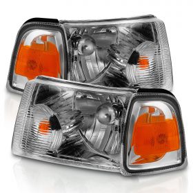 AmeriLite for 2001-2011 Ford Ranger Pickup Truck Chrome Factory OE Style Replacement Headlights Assembly Corner Lamp Combo Set - Driver and Passenger Side